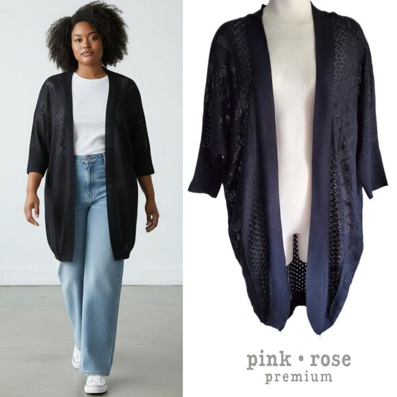 Longline Kimono Style Sleeve Open Cardigan Open Weave Black Size S - Picture 1 of 16